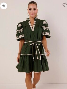 NWOT entro Olive Green Mini Dress with Cream Embroidery